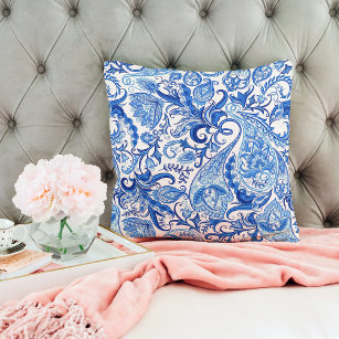Gorgeous Blue White Floral Paisley Art Pattern Throw Pillow