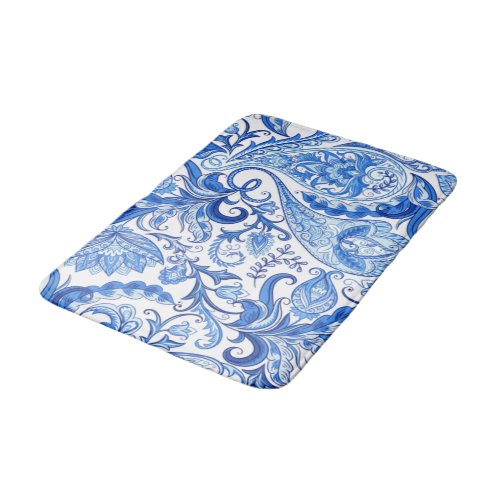 Gorgeous Blue White Floral Paisley Pattern Bathroom Mat