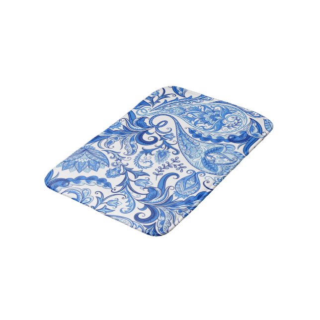 Gorgeous Blue White Floral Paisley Pattern Bathroom Mat (Angled)