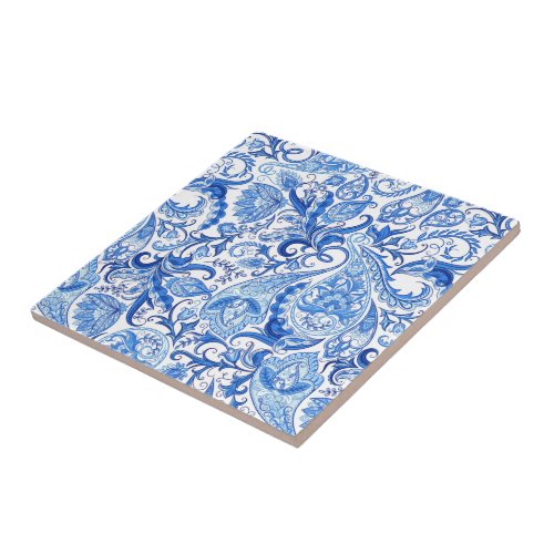 Gorgeous Blue White Floral Paisley Pattern Ceramic Tile
