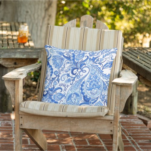 Gorgeous Blue White Floral Paisley Pattern Outdoor Pillow