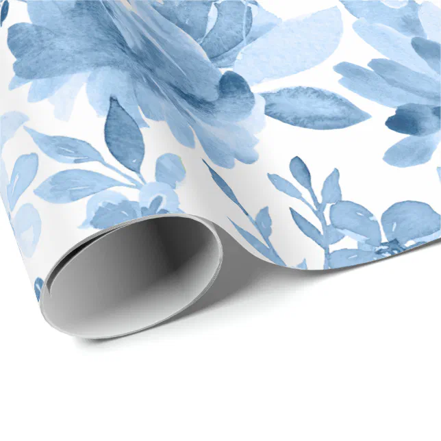 Gorgeous Blue & White Watercolor Floral Wrapping Paper | Zazzle