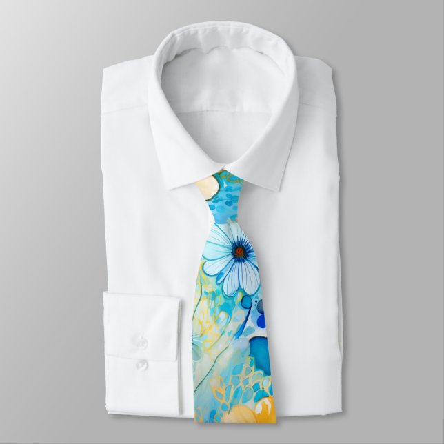 Gorgeous Blue Yellow Floral Roses Pattern Neck Tie (Tied)