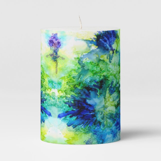 Gorgeous blues and green abstract art pillar candle (Front)