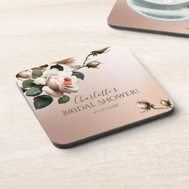 Gorgeous Blush Beige Oil Rose Bridal Shower Beverage Coaster (Left Side)