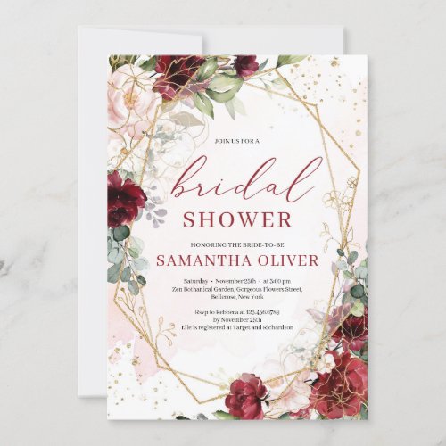 Gorgeous blush burgundy floral gold Bridal Shower Invitation