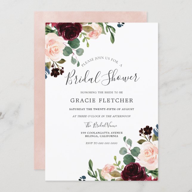 Gorgeous Blush & Burgundy Flowers Bridal Shower Invitation (Front/Back)