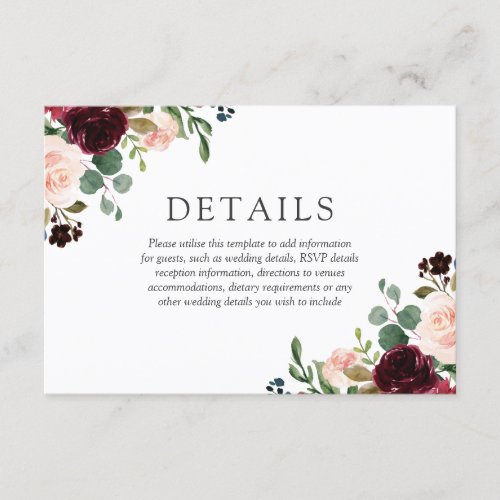 Gorgeous Blush  Burgundy Flowers Elegant Wedding Enclosure Card