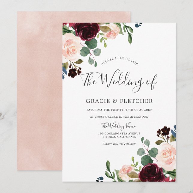Gorgeous Blush & Burgundy Flowers Elegant Wedding Invitation (Front/Back)