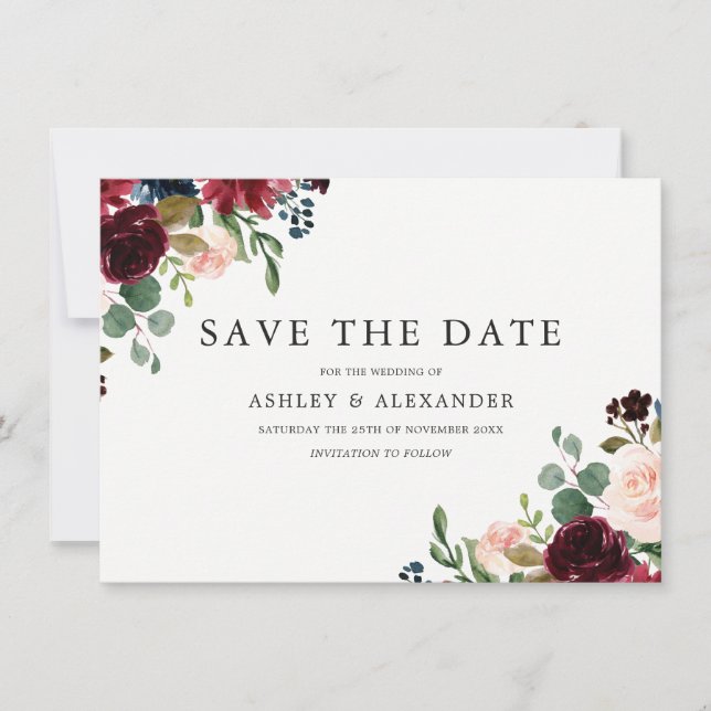 Gorgeous Blush & Burgundy Flowers Elegant Wedding Save The Date (Front)