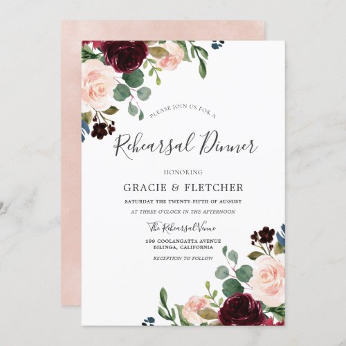 Gorgeous Blush  Burgundy Flowers Rehearsal Dinner Invitation