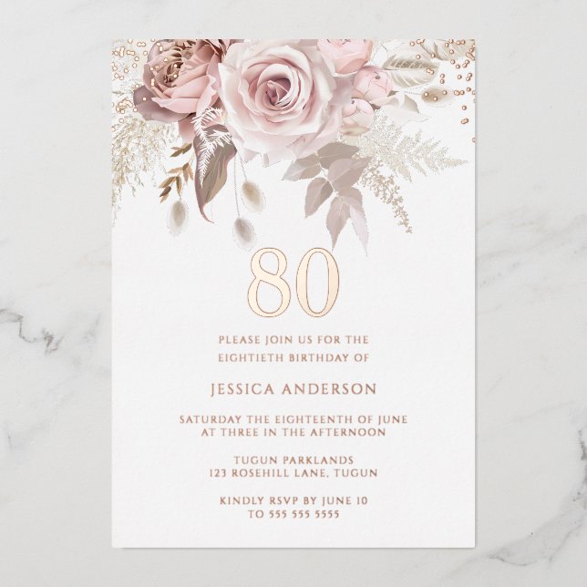 Gorgeous Blush Dusty Rose 80th Birthday Rose Gold Foil Invitation (Front)