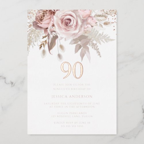 Gorgeous Blush Dusty Rose 90th Birthday Rose Gold Foil Invitation
