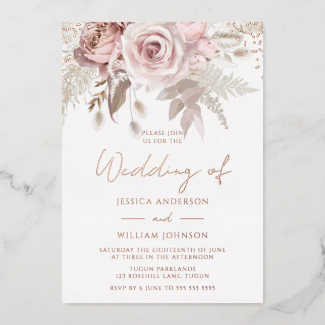 Gorgeous Blush & Dusty Rose Wedding Rose Gold Foil Invitation | Zazzle