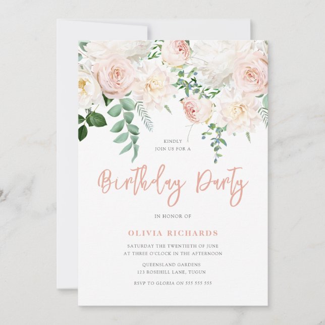 Gorgeous Blush Floral All Ages Birthday Party Invitation (Front)