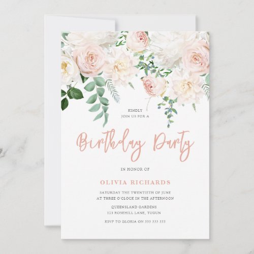 Gorgeous Blush Floral All Ages Birthday Party Invitation