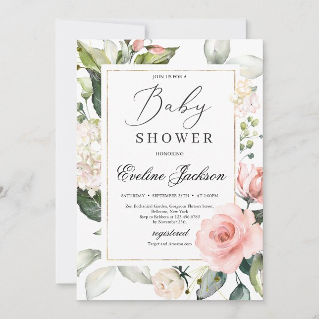 Gorgeous blush floral frame gold Baby Shower Invitation (Front)