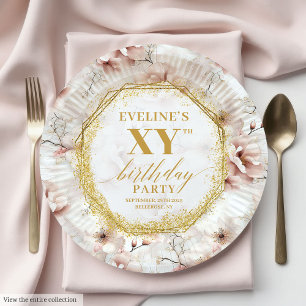 Gorgeous Blush Floral Gold Birthday Paper Plates