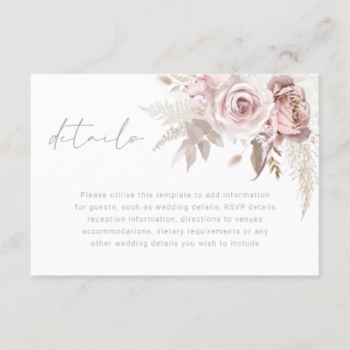 Gorgeous Blush Floral Wedding Details Enclosure Card | Zazzle