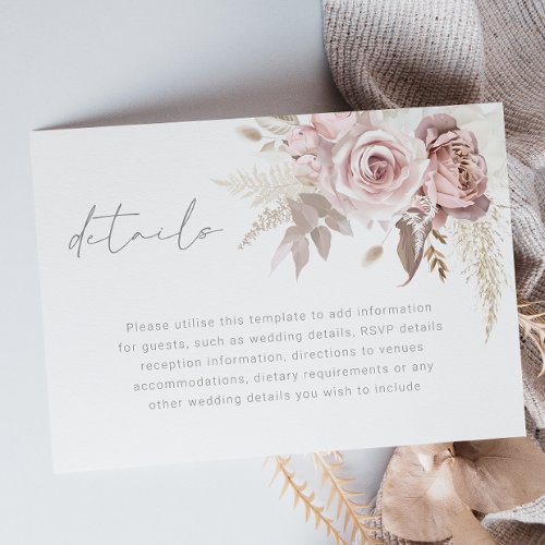 Gorgeous Blush Floral Wedding Details Enclosure Card