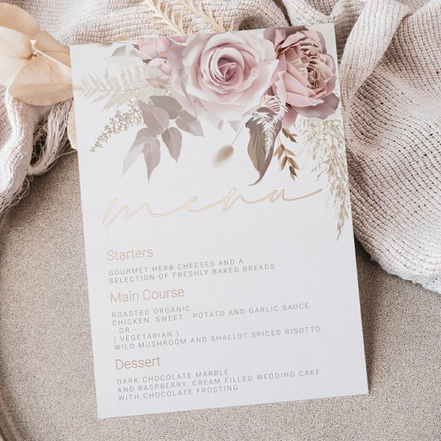 Gorgeous Blush Floral Wedding Rose Gold Foil Menu Invitation (Creator Uploaded)