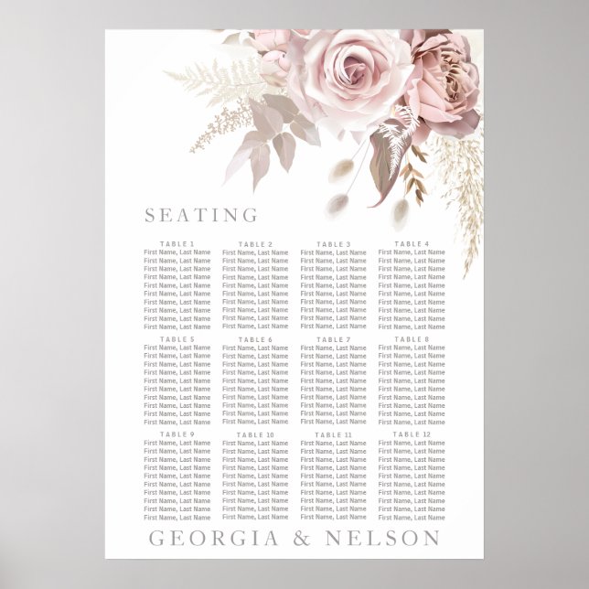 Gorgeous Blush Floral Wedding Seating Chart Poster (Front)
