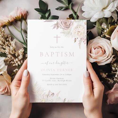 Gorgeous Blush  Ivory Floral Baptism Invitation