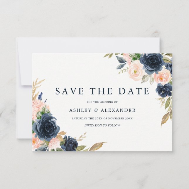 Gorgeous Blush & Navy Floral Wedding Save The Date (Front)