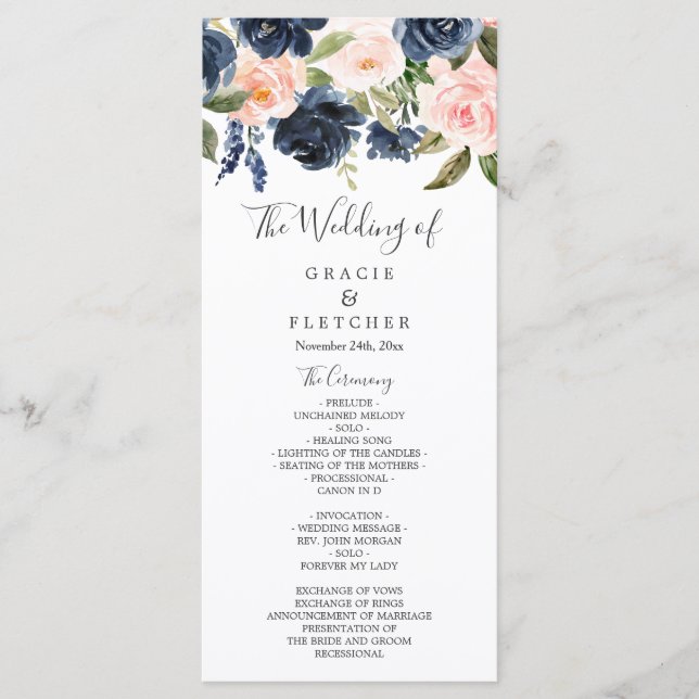 Gorgeous Blush & Navy Flowers Wedding Program (Front)