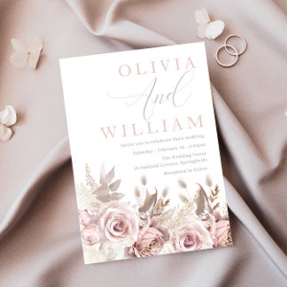 Gorgeous Blush Pink Dusty Roses Floral Wedding Invitation
