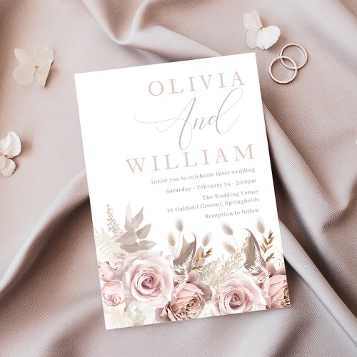 Gorgeous Blush Pink Dusty Roses Floral Wedding Invitation