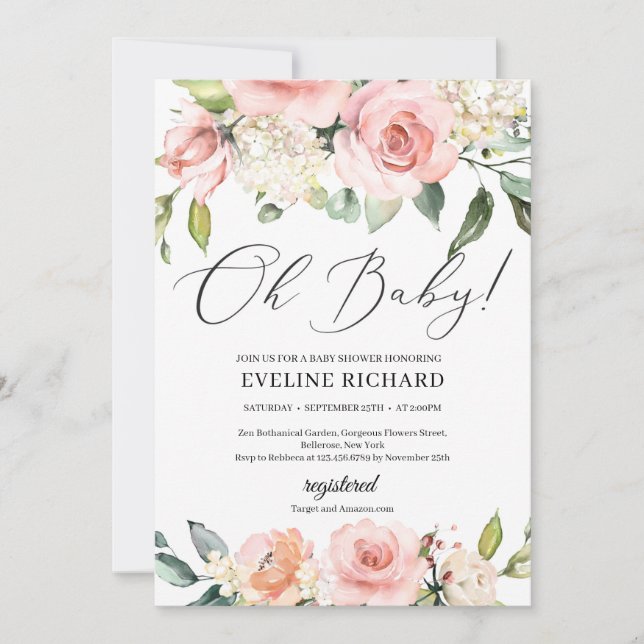 Gorgeous blush pink floral greenery boho Oh Baby Invitation (Front)