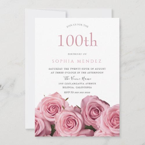 Gorgeous Blush Pink Roses 100th Birthday Party Invitation