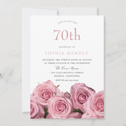 Gorgeous Blush Pink Roses 70th Birthday Party Invitation