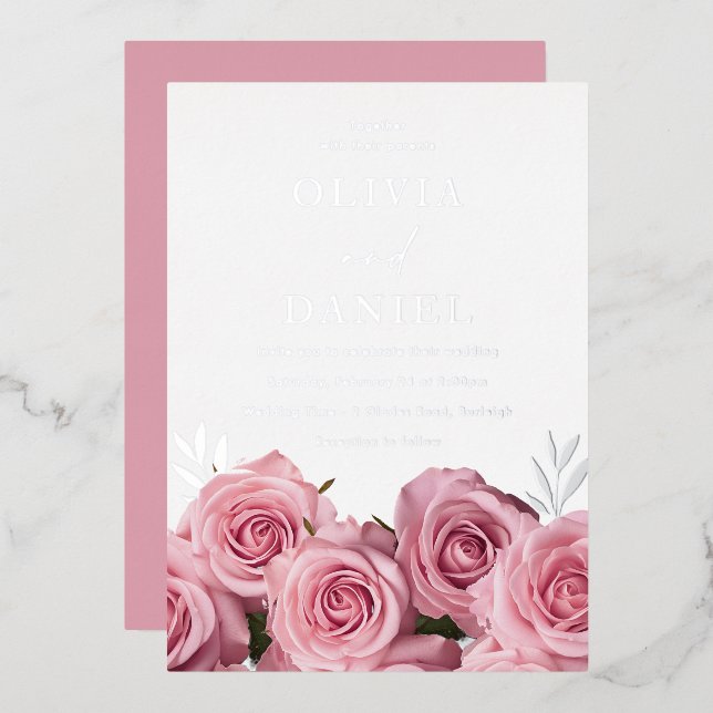 Gorgeous Blush Pink Roses Wedding Silver  Foil Invitation (Front/Back)