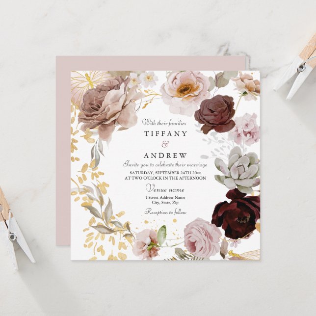 Gorgeous Blush & Rose Watercolor Floral Wedding Invitation (Front/Back In Situ)