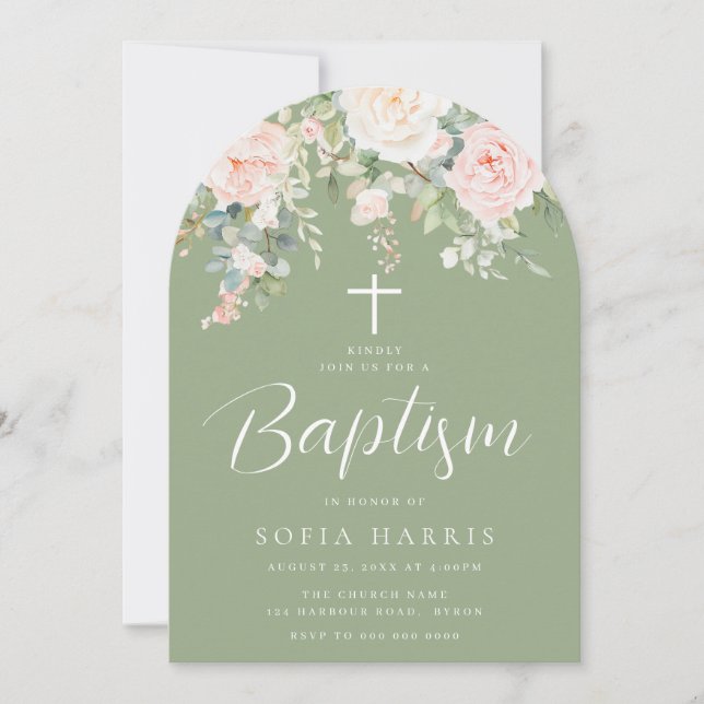 Gorgeous Blush & Sage Boy or Girl Baptism Arch Invitation (Front)