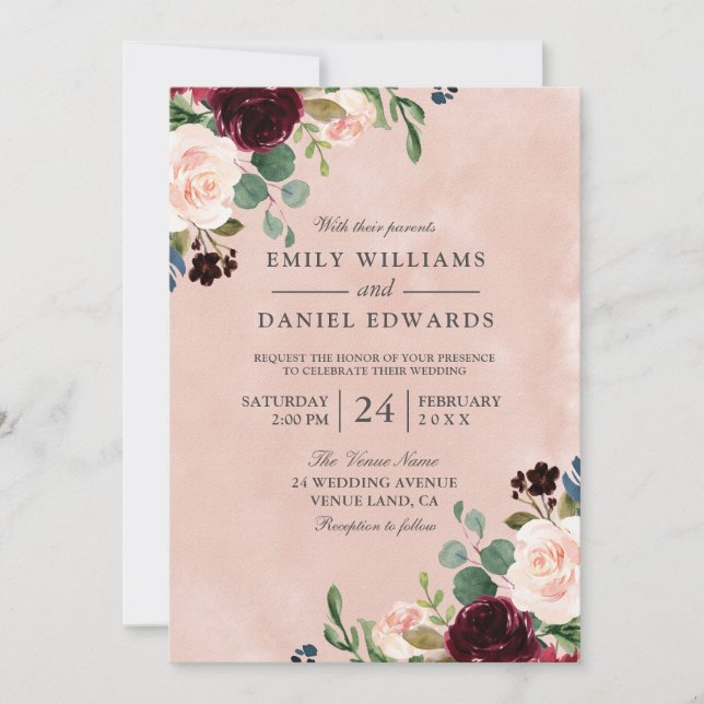 Gorgeous Blush Watercolor Burgundy Flower Wedding Invitation (Front)