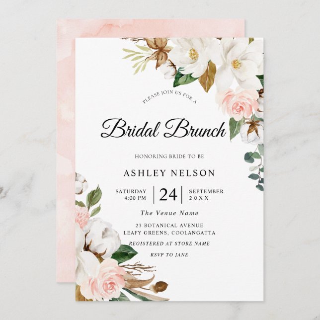Gorgeous Blush & White Floral Bridal Shower Brunch Invitation (Front/Back)
