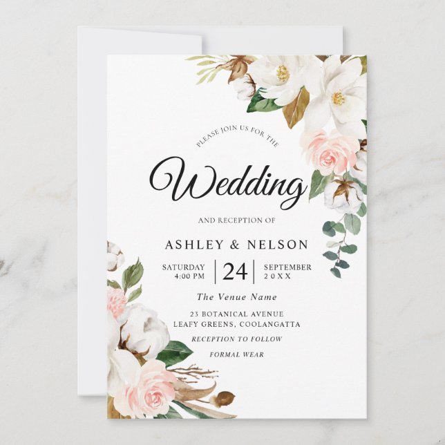 Gorgeous Blush & White Flowers Elegant Wedding Invitation (Front)