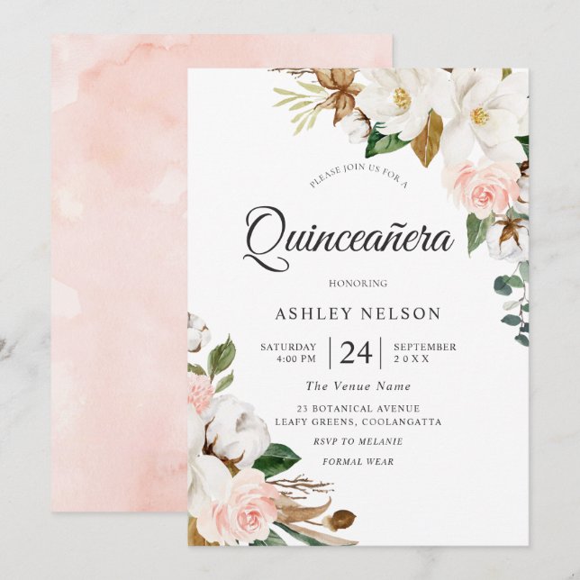 Gorgeous Blush & White Flowers Quinceanera Invitation (Front/Back)
