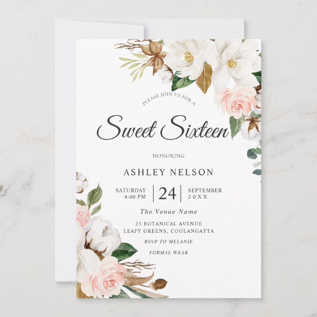Gorgeous Blush & White Flowers Sweet 16 Invitation (Front)