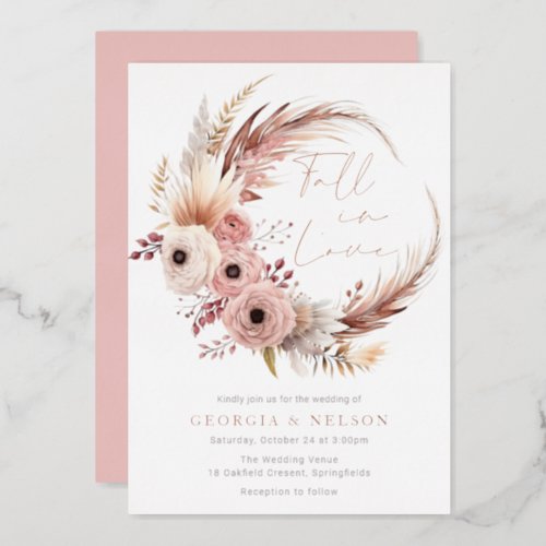 Gorgeous Bohemian Wreath Fall In Love Wedding  Foil Invitation
