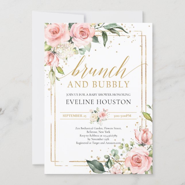 Gorgeous boho blush pink floral brunch and bubbly invitation (Front)