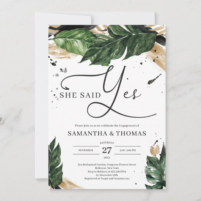Gorgeous boho tropical leaves gold she said yes invitation (Front)