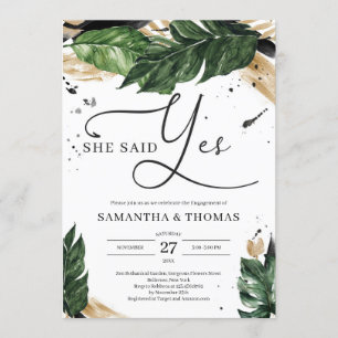 Gorgeous boho tropical leaves gold she said yes invitation