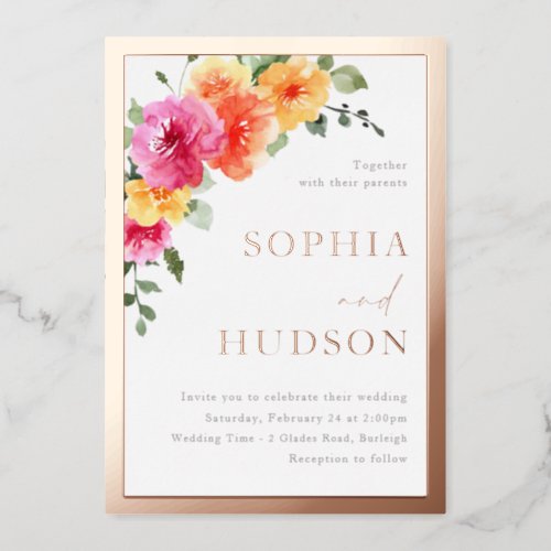 Gorgeous Bold Watercolor Floral Wedding Rose Gold Foil Invitation