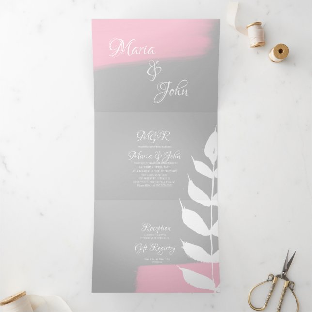 Gorgeous Botanical Leaf Pink Brush Gray Wedding Tri-Fold Invitation (Inside)