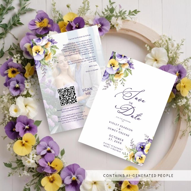 Gorgeous Botanical Purple Pansies Flowers Photo Save The Date (Gorgeous Spring Chic Botanical Purple Pansies Flowers Bouquets Photo Save the Dates Cards. )