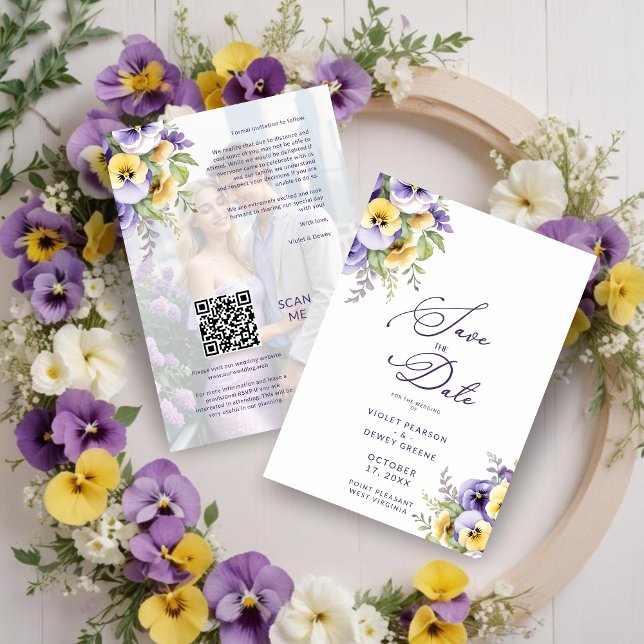 Gorgeous Botanical Purple Pansies Flowers Photo Save The Date (Gorgeous Spring Chic Botanical Purple Pansies Flowers Bouquets Photo Save the Dates Cards. )